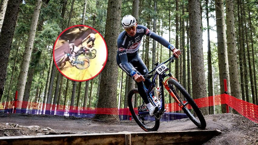 Van der Poel gets off after two fast falls at Rentree on mountain bike