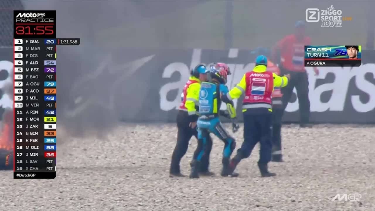 Image from video: Ogura engine in flames after heavy crash at TT Assen