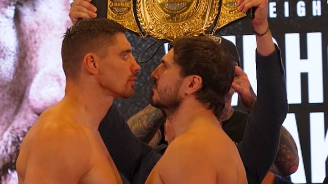 Verhoeven Eye to Eye With Vakhitov during weighing moment Glory 100