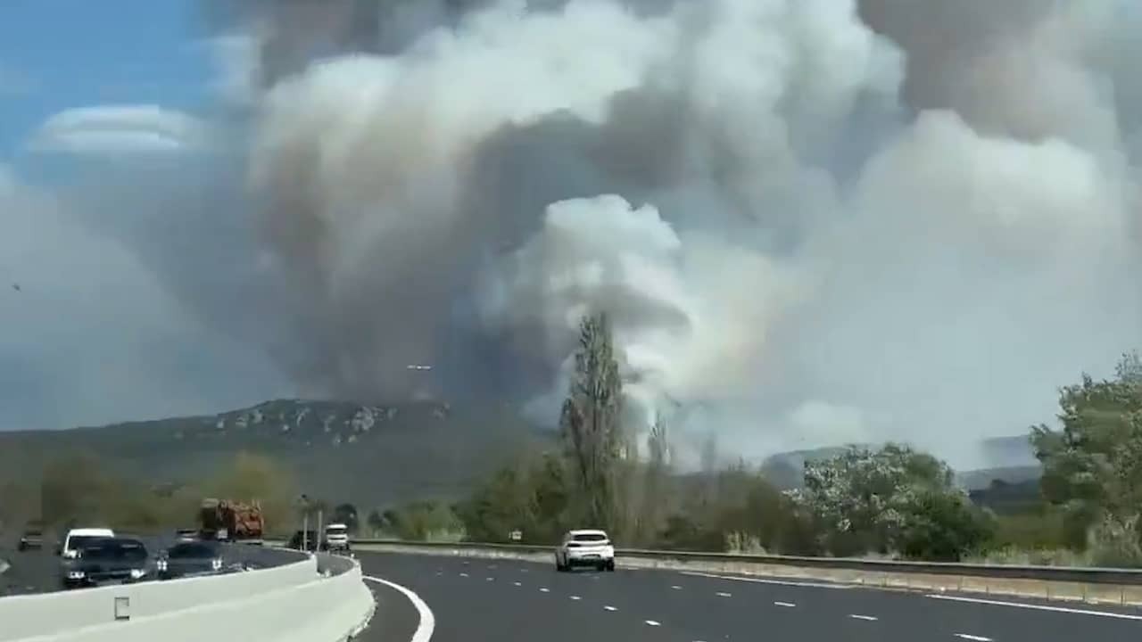 Image from video: Huge clouds of smoke at large forest fires southern France and Spain