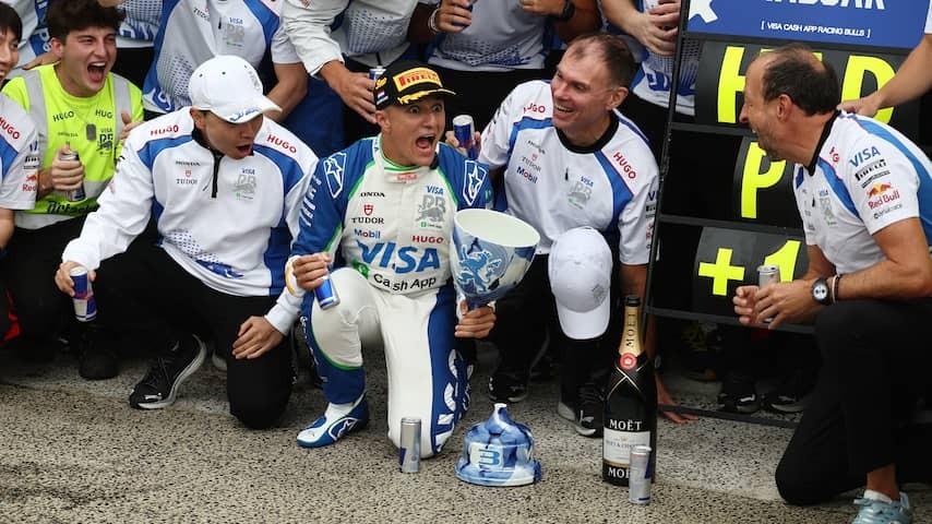 Euphoric Hadjar accidentally breaks trophy in two after third place in Zandvoort