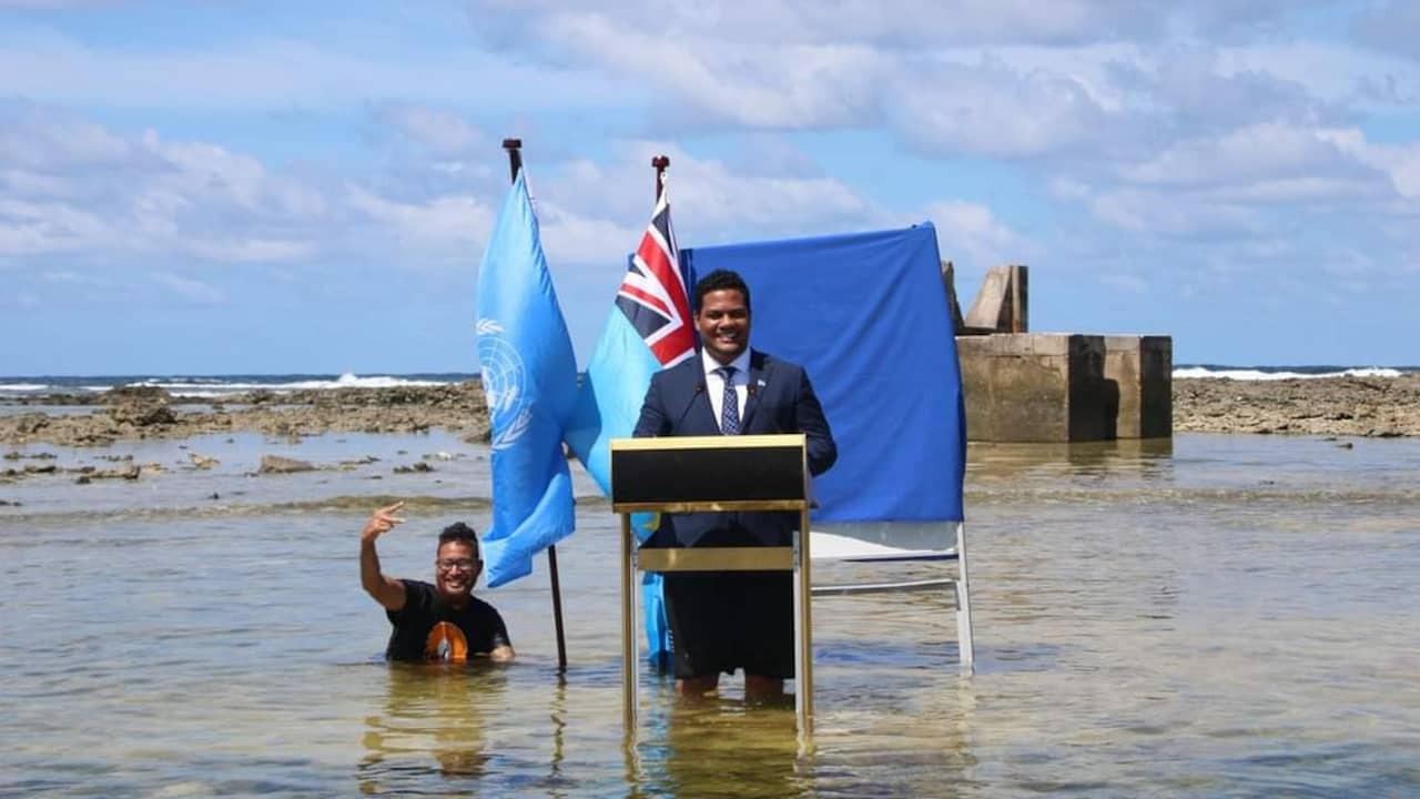 Image from video: Tuvaluan minister addresses climate summit from the sea