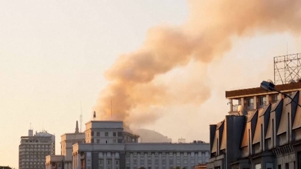 Image from Video: Smoke Rises Above Government Building After Attacks on Kyiv